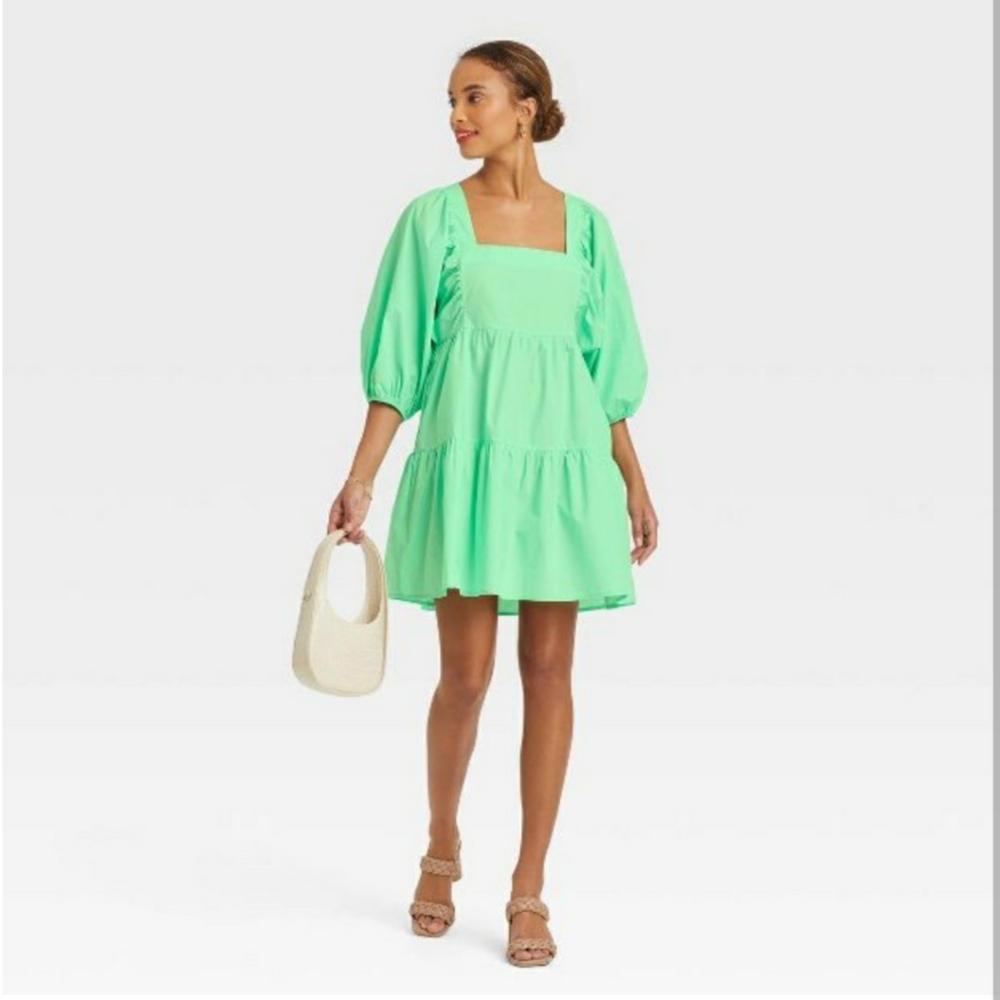 A New Day Short Puff Sleeve Green Dress